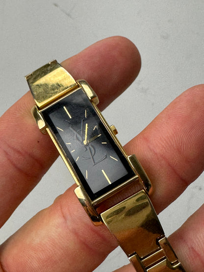 Vintage Saint Laurent Bracelet Watch Gold Black Dial