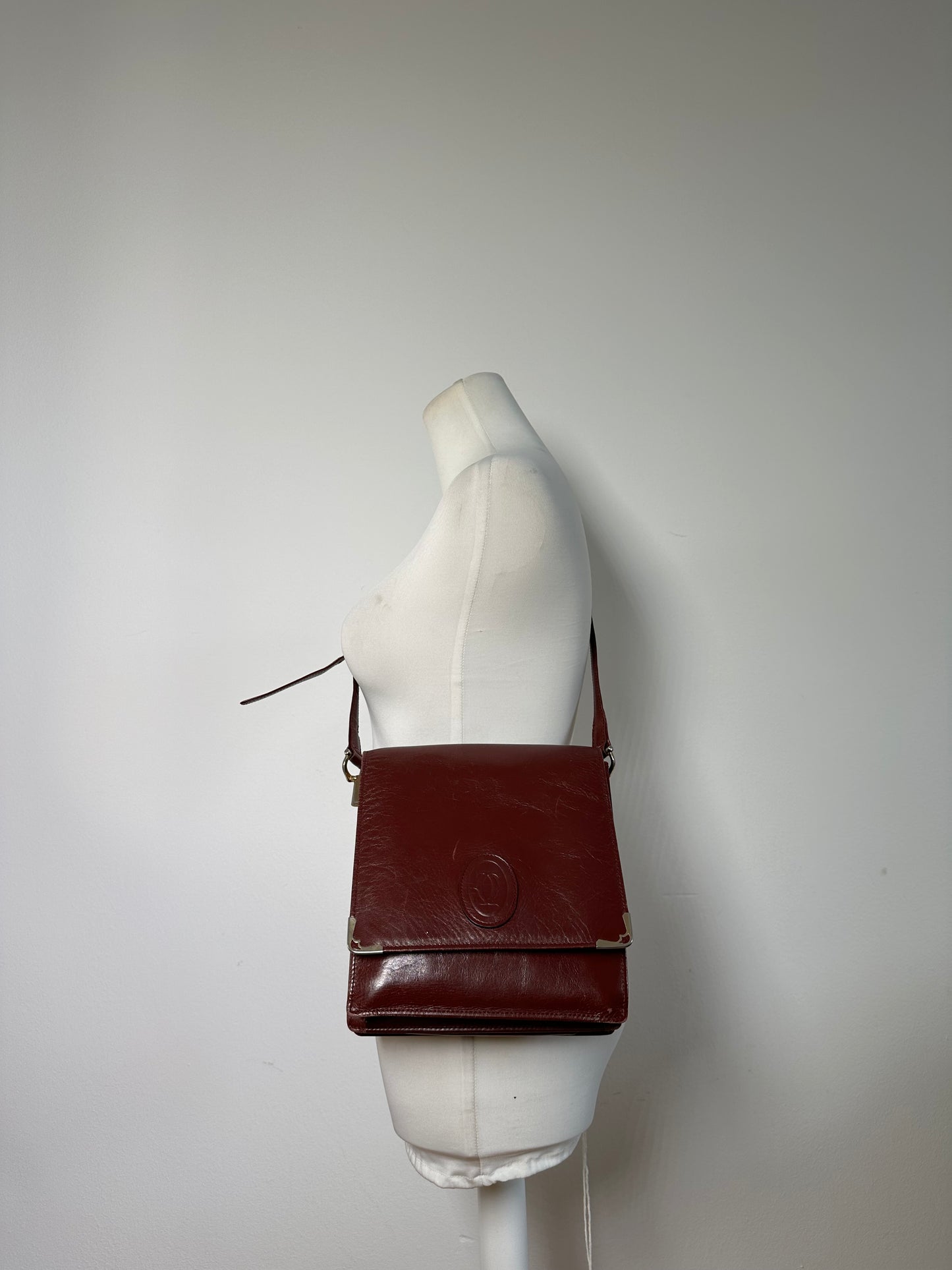 Vintage Cartier Leather Shoulder Bag Burgundy Silver