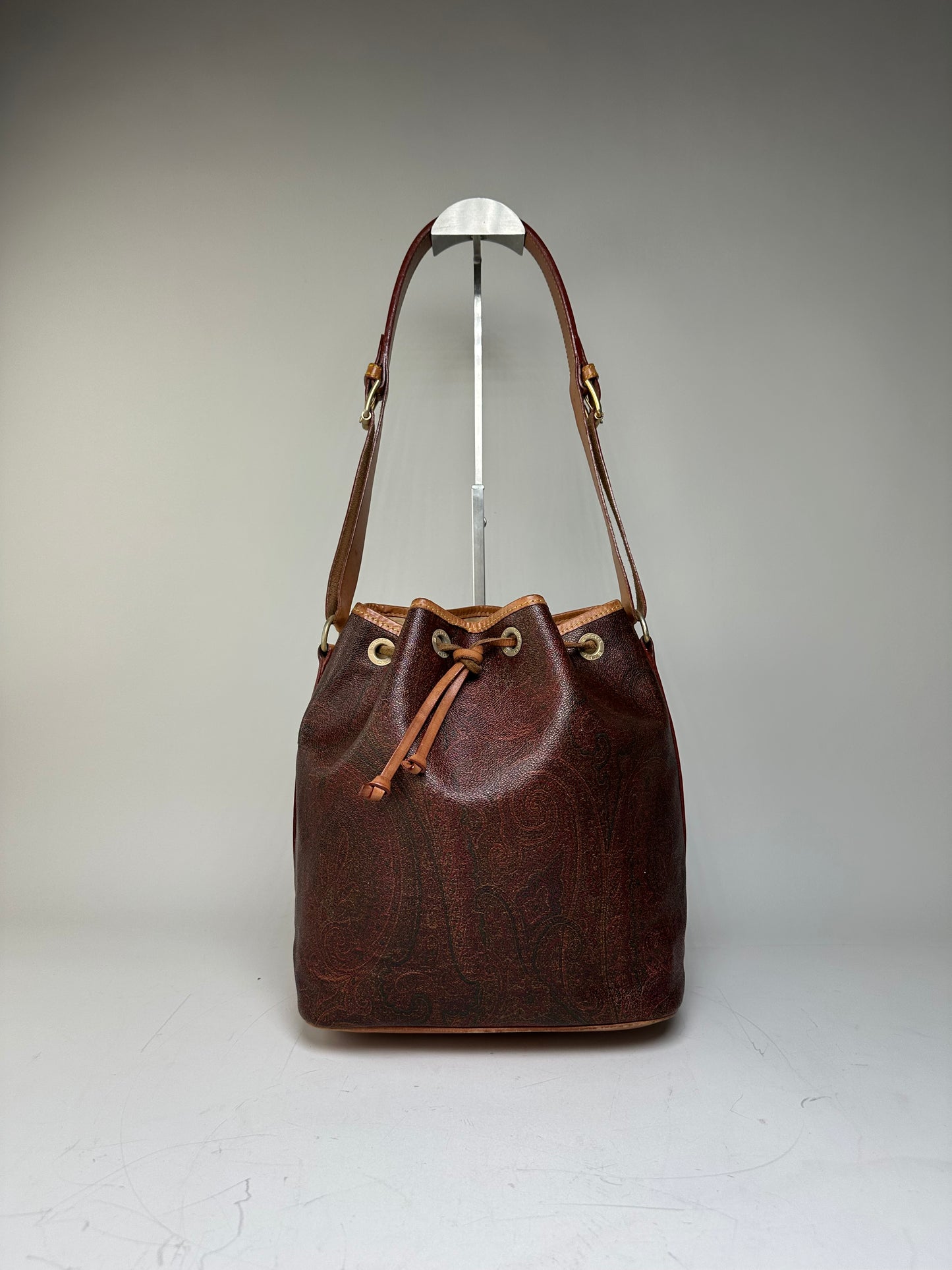 Vintage Etro Paisley Coated Canvas Bucket Bag Burgundy Brown