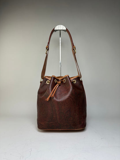 Vintage Etro Paisley Coated Canvas Bucket Bag Burgundy Brown