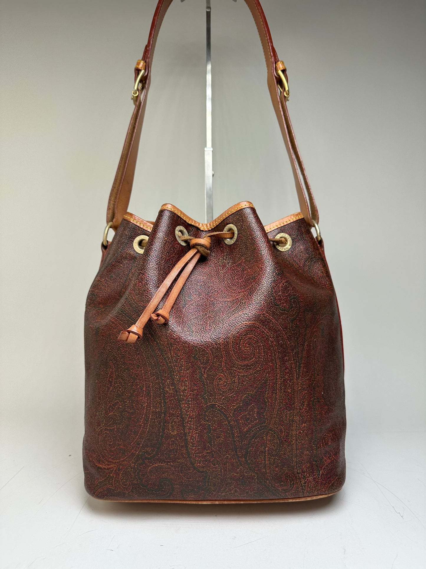Vintage Etro Paisley Coated Canvas Bucket Bag Burgundy Brown