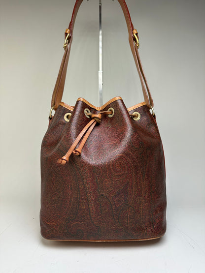 Vintage Etro Paisley Coated Canvas Bucket Bag Burgundy Brown