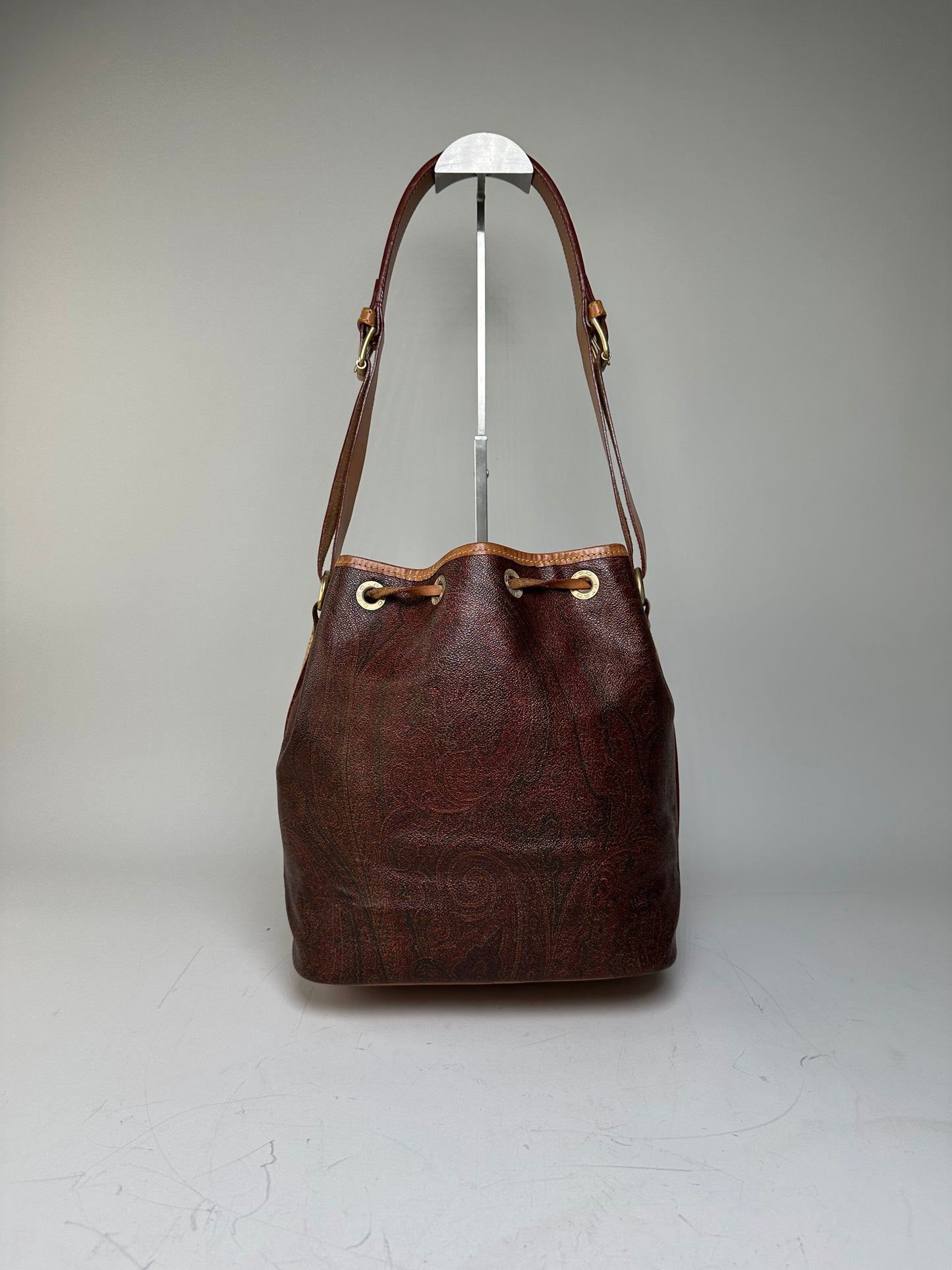 Vintage Etro Paisley Coated Canvas Bucket Bag Burgundy Brown