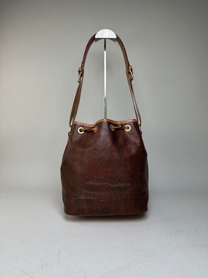Vintage Etro Paisley Coated Canvas Bucket Bag Burgundy Brown