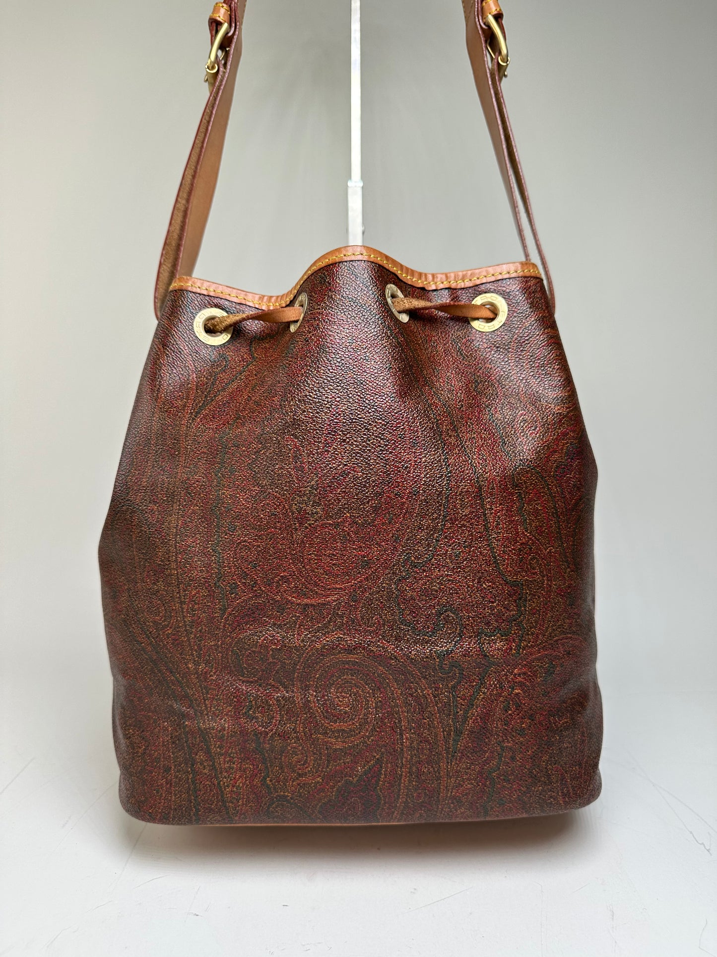Vintage Etro Paisley Coated Canvas Bucket Bag Burgundy Brown
