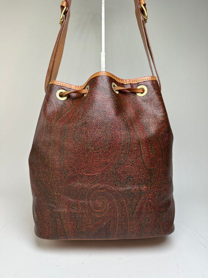 Vintage Etro Paisley Coated Canvas Bucket Bag Burgundy Brown