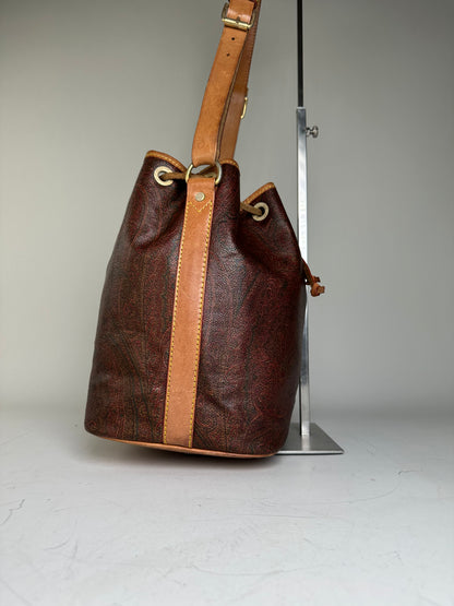 Vintage Etro Paisley Coated Canvas Bucket Bag Burgundy Brown