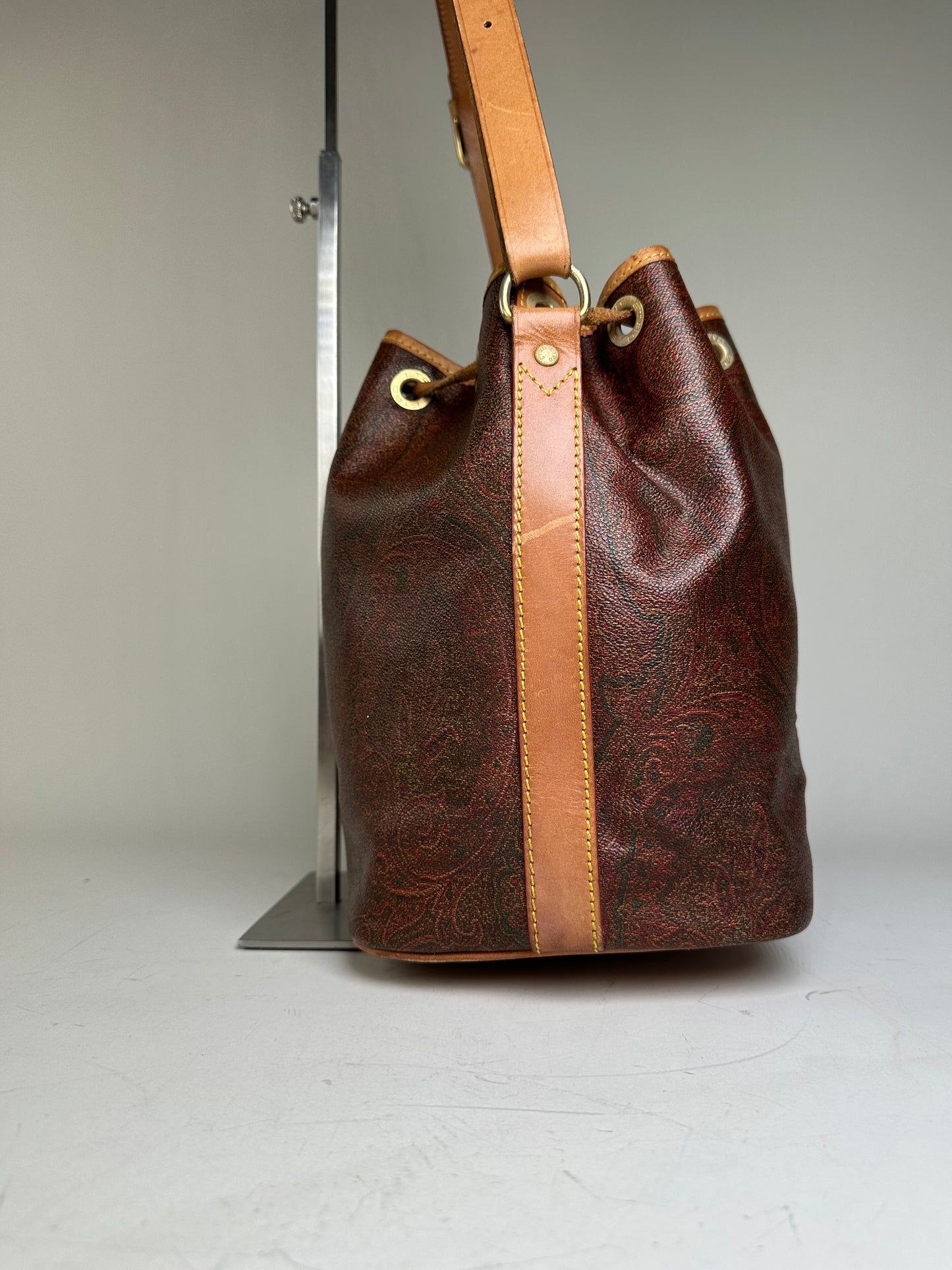 Vintage Etro Paisley Coated Canvas Bucket Bag Burgundy Brown