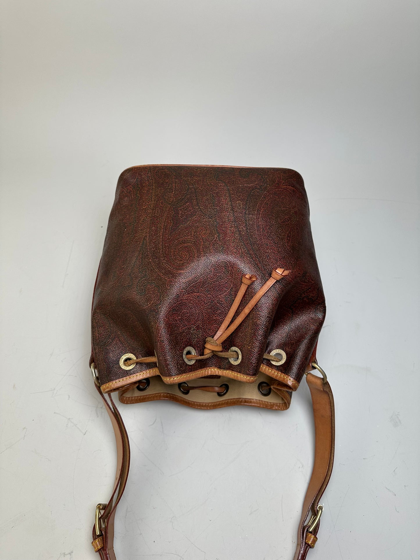 Vintage Etro Paisley Coated Canvas Bucket Bag Burgundy Brown