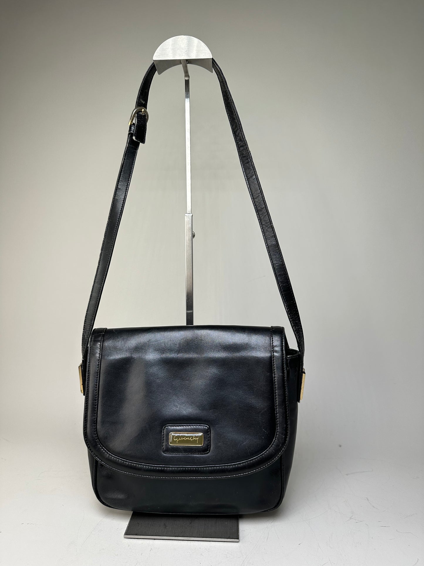 Vintage Givenchy Structured Leather Shoulder Bag Black Gold