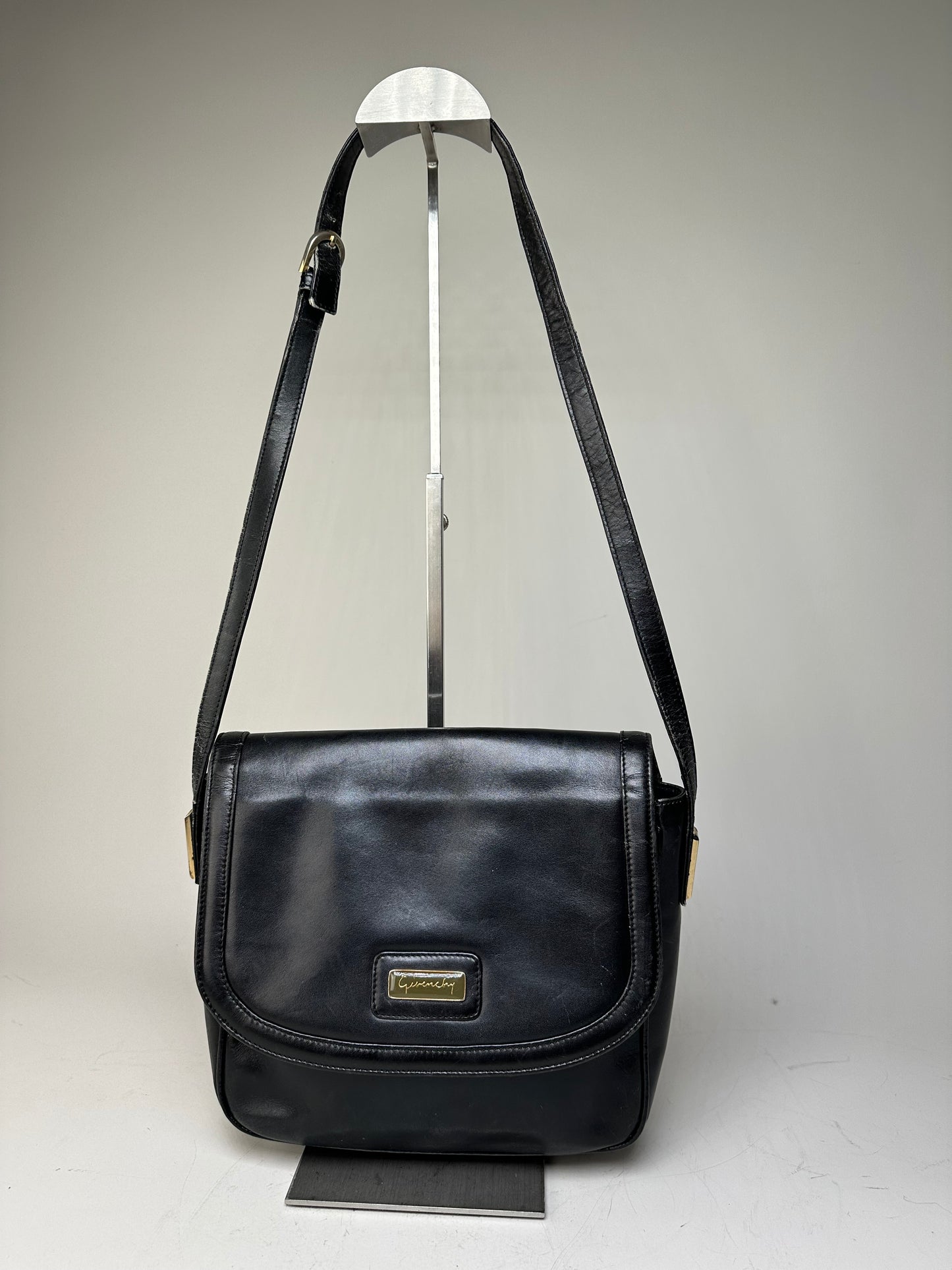 Vintage Givenchy Structured Leather Shoulder Bag Black Gold