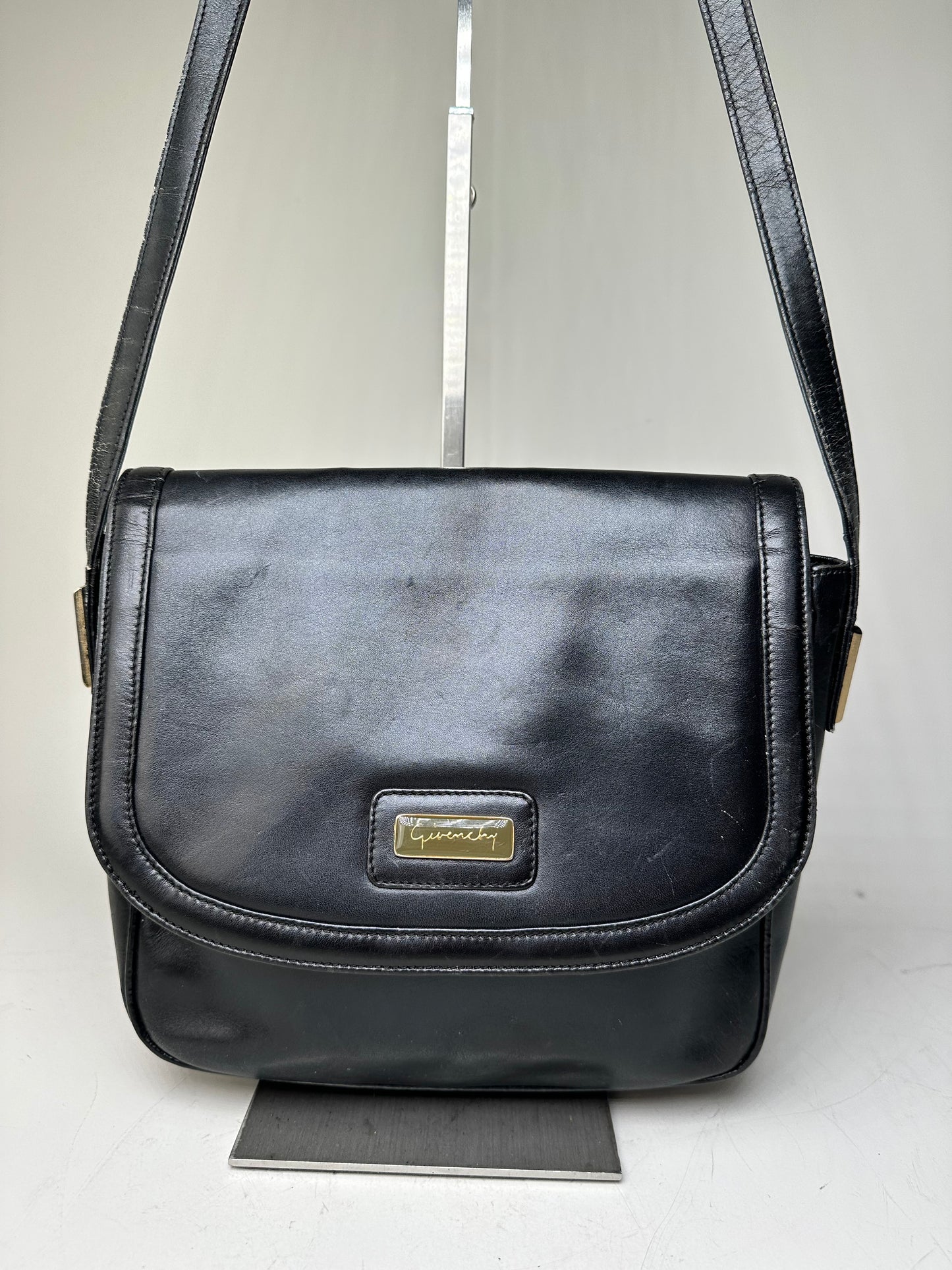 Vintage Givenchy Structured Leather Shoulder Bag Black Gold