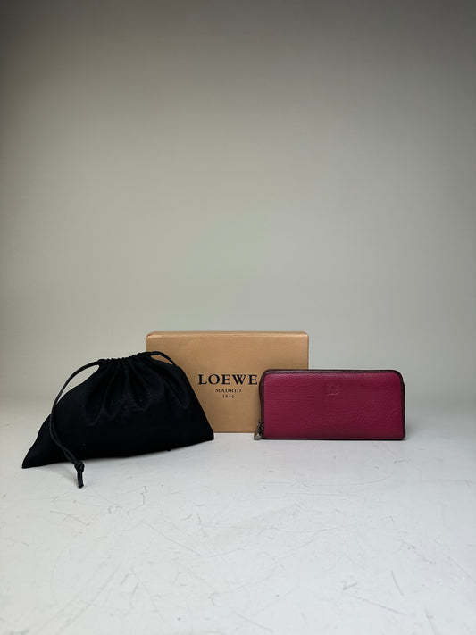 Vintage Loewe Grained Leather Zip Wallet Fuchsia Silver