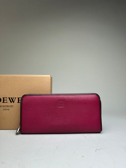 Vintage Loewe Grained Leather Zip Wallet Fuchsia Silver