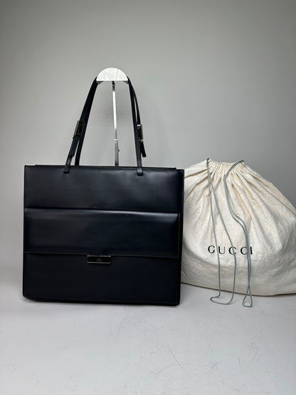Vintage Gucci Smooth Leather Tote Black Silver