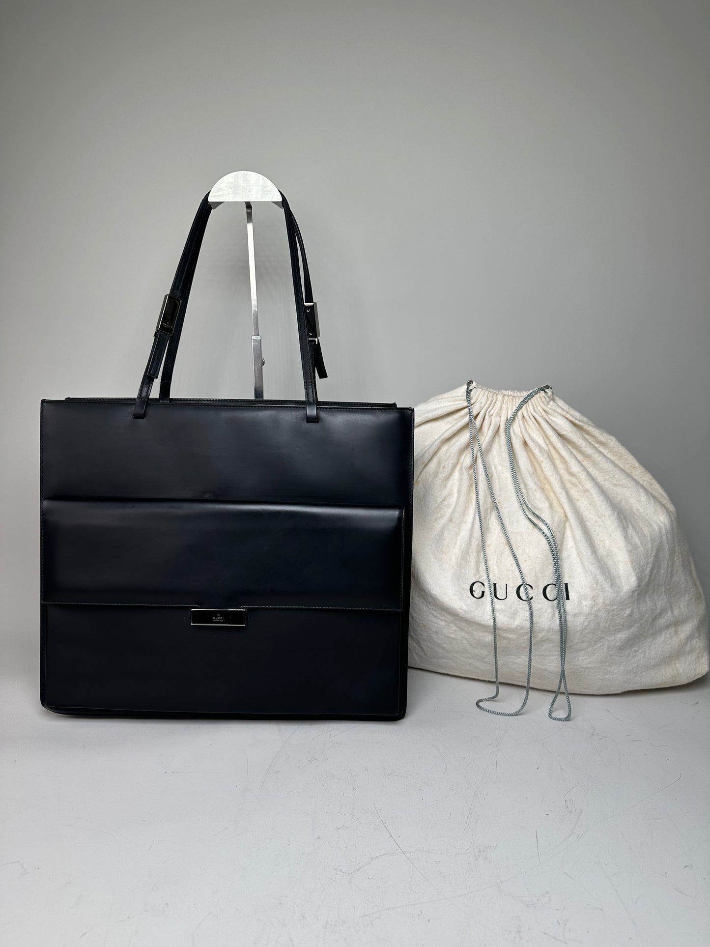 Vintage Gucci Smooth Leather Tote Black Silver