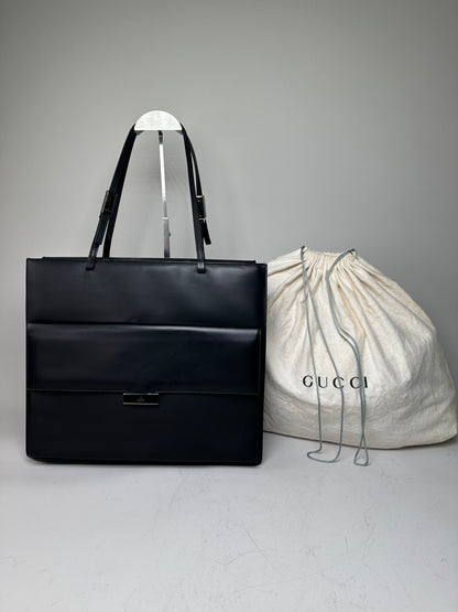 Vintage Gucci Smooth Leather Tote Black Silver