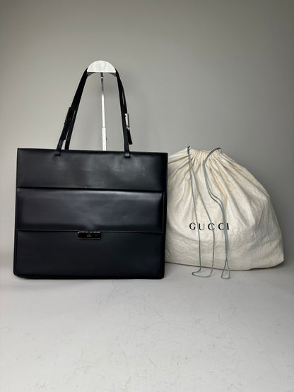 Vintage Gucci Smooth Leather Tote Black Silver