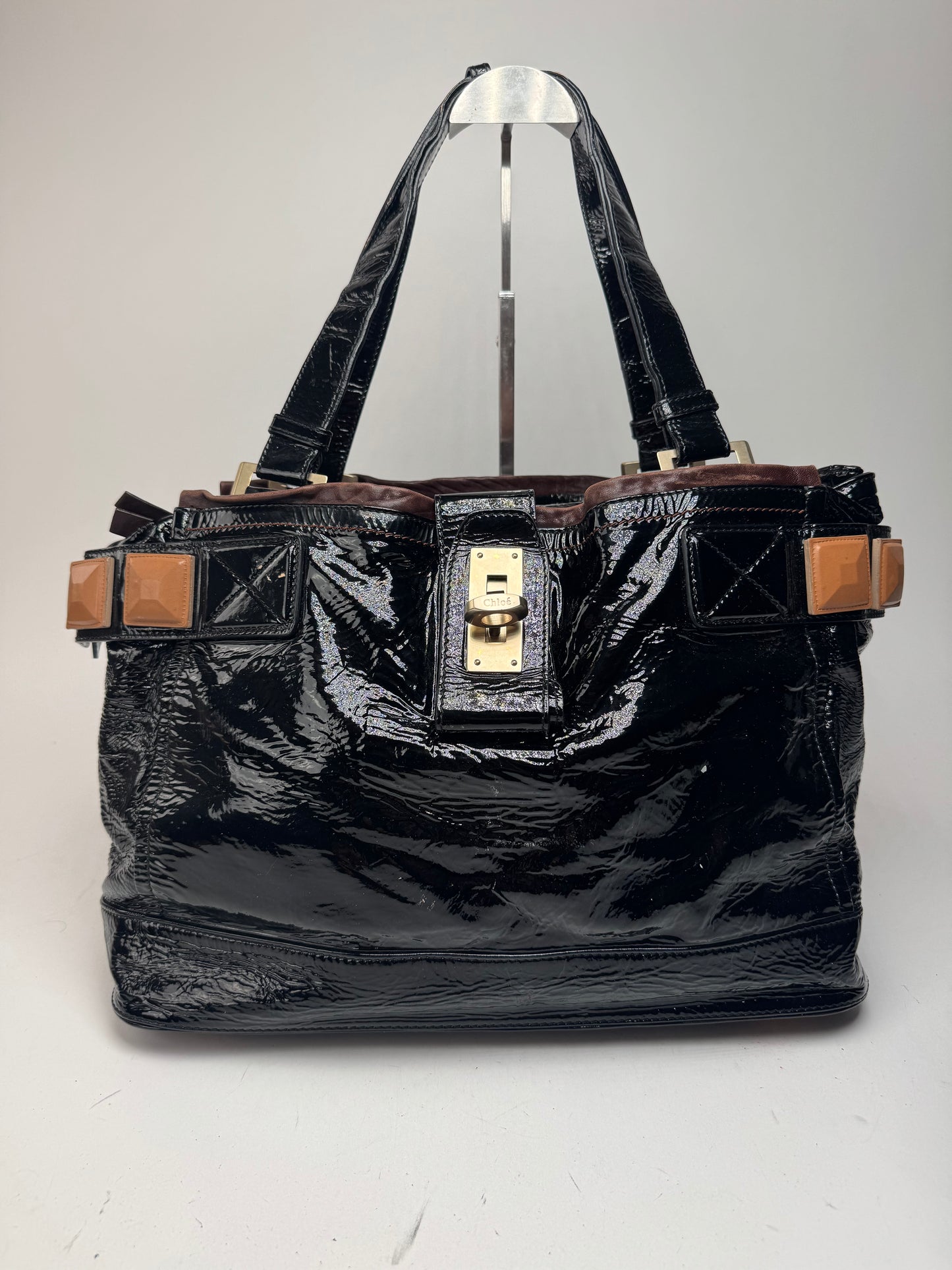 Vintage Chloe Patent Leather Paddington Tote Bag black