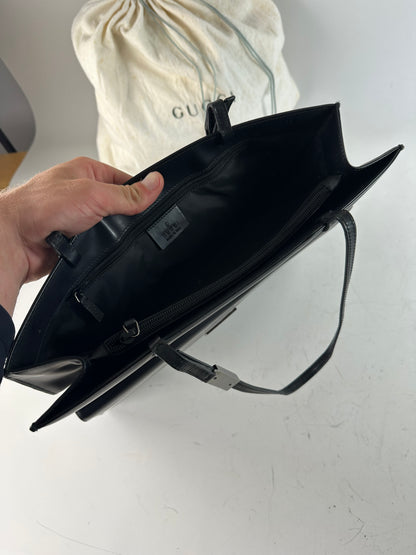 Vintage Gucci Smooth Leather Tote Black Silver