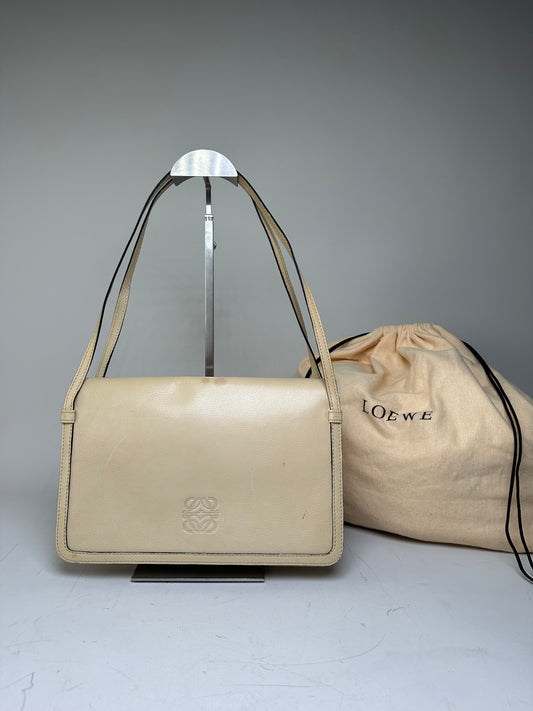 Vintage Loewe Leather Shoulder Bag Cream Gold-tone