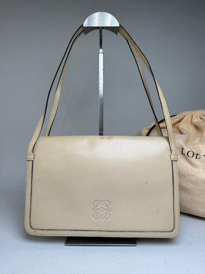 Vintage Loewe Leather Shoulder Bag Cream Gold-tone