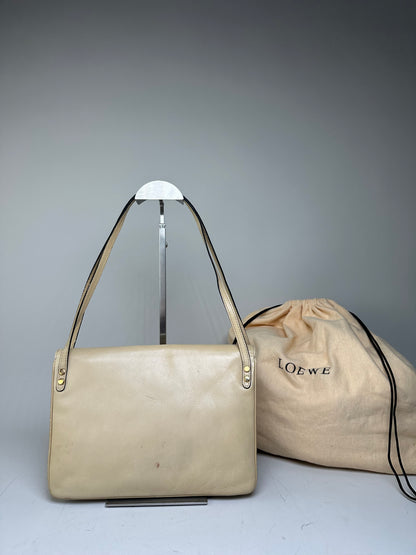 Vintage Loewe Leather Shoulder Bag Cream Gold-tone