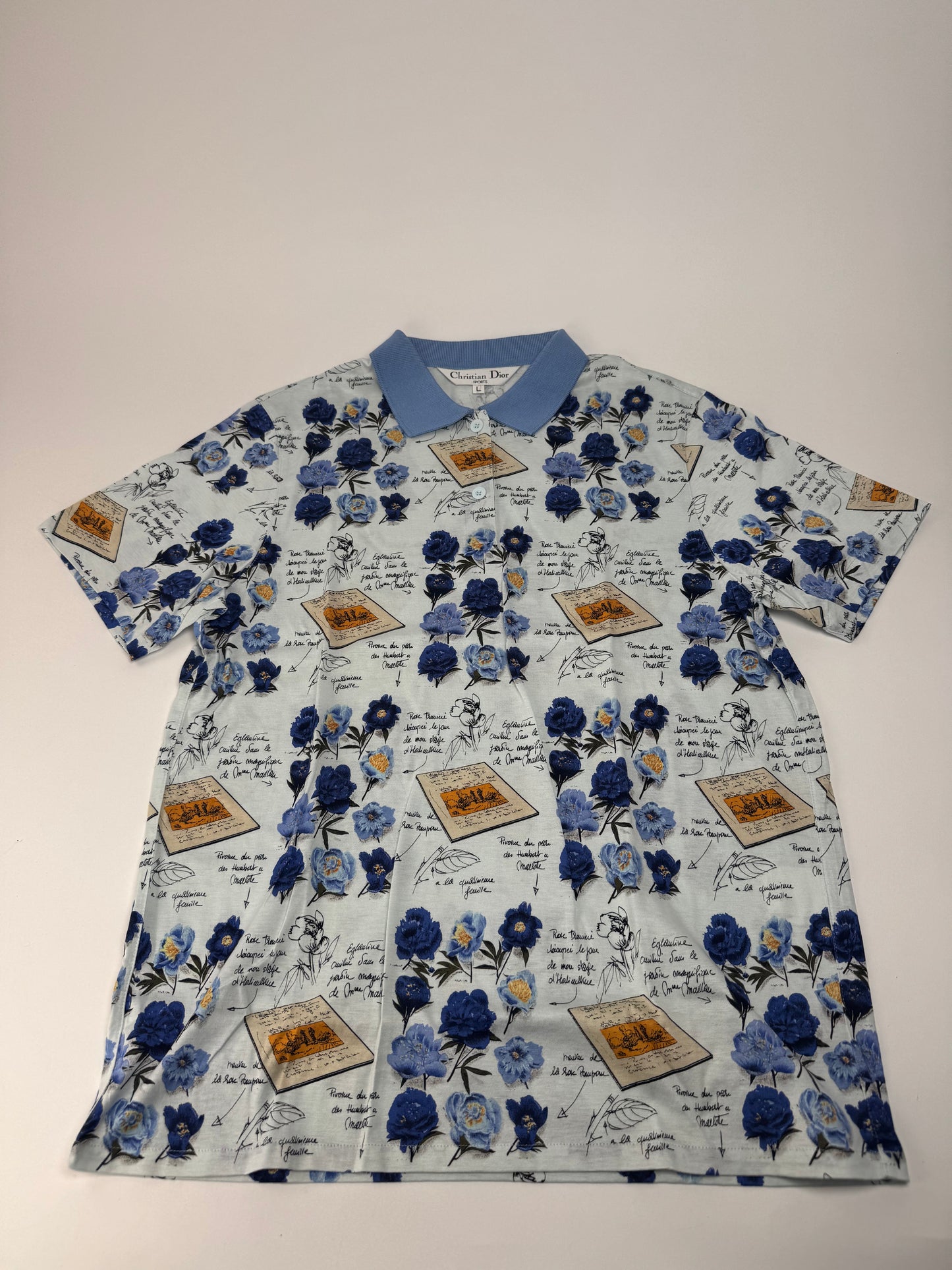 Vintage Dior Cotton Polo Shirt Floral Blue White L