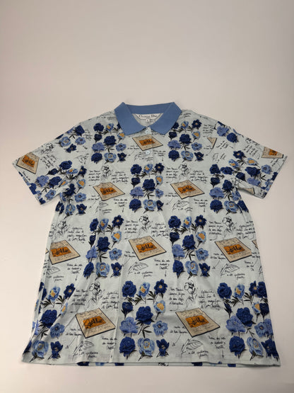 Vintage Dior Cotton Polo Shirt Floral Blue White L