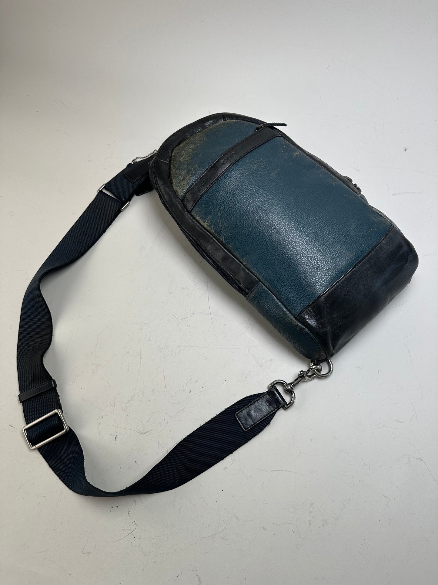 Vintage Coach Leather Sling Bag Teal Black Silver-Tone