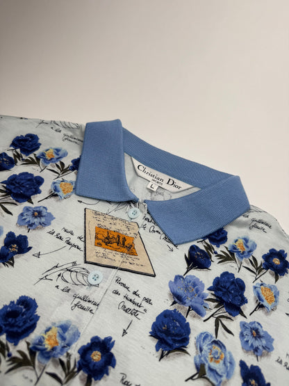 Vintage Dior Cotton Polo Shirt Floral Blue White L