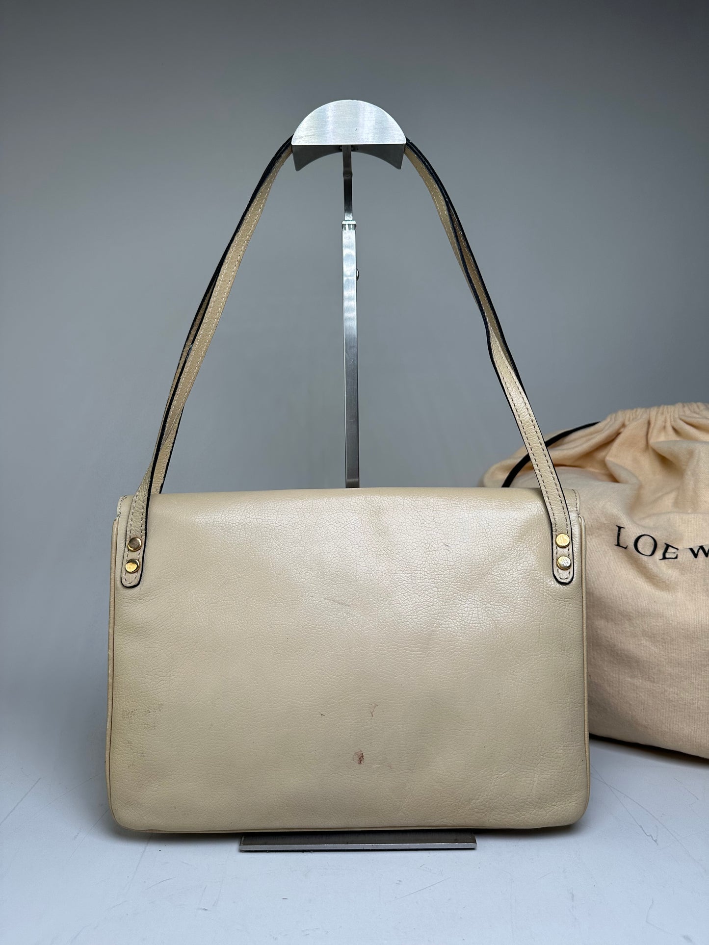 Vintage Loewe Leather Shoulder Bag Cream Gold-tone