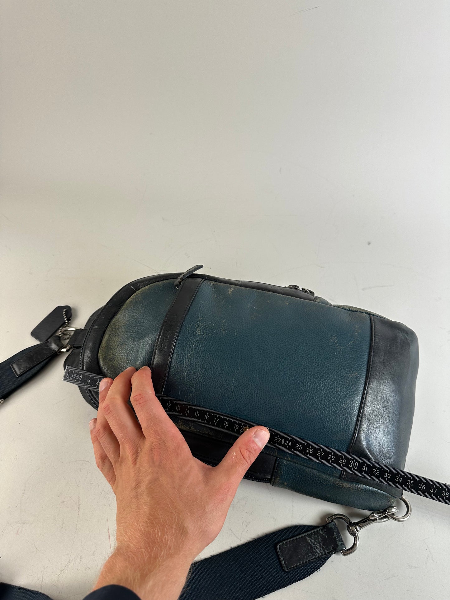 Vintage Coach Leather Sling Bag Teal Black Silver-Tone
