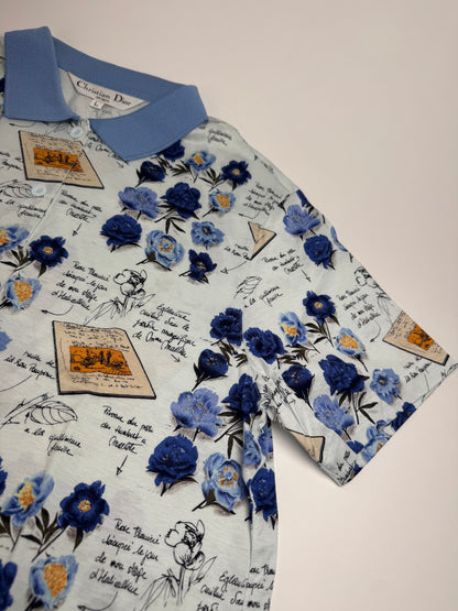 Vintage Dior Cotton Polo Shirt Floral Blue White L