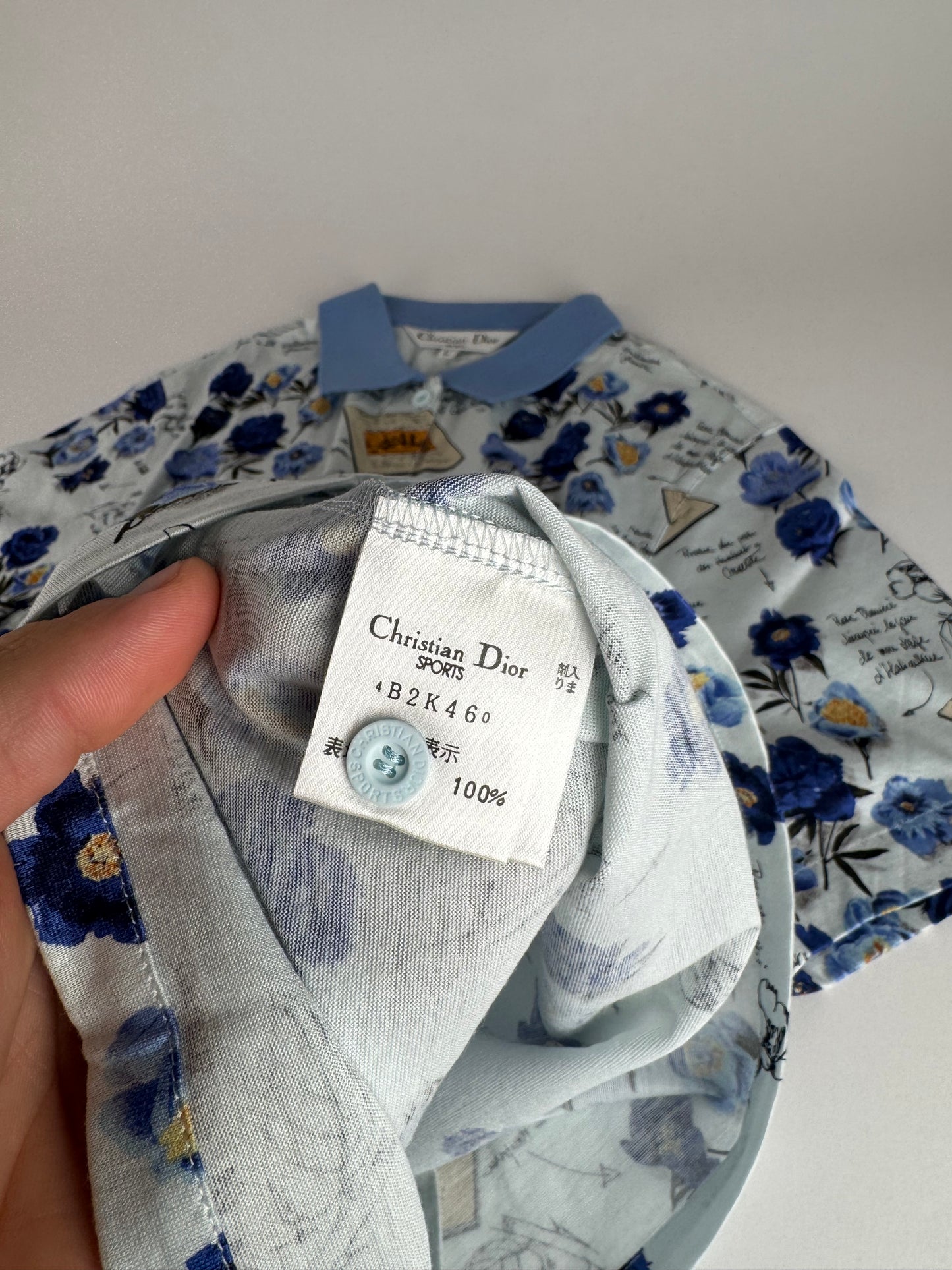 Vintage Dior Cotton Polo Shirt Floral Blue White L