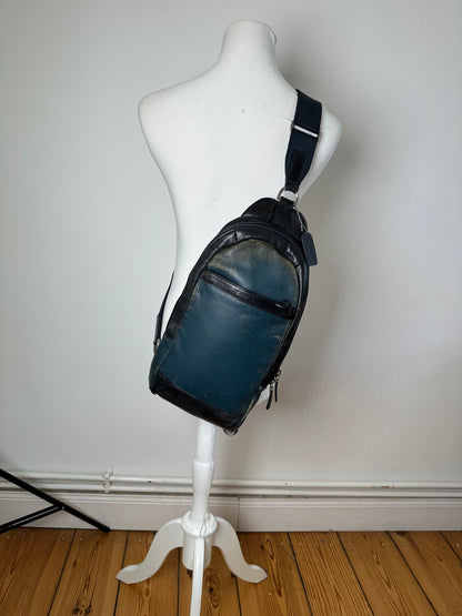 Vintage Coach Leather Sling Bag Teal Black Silver-Tone