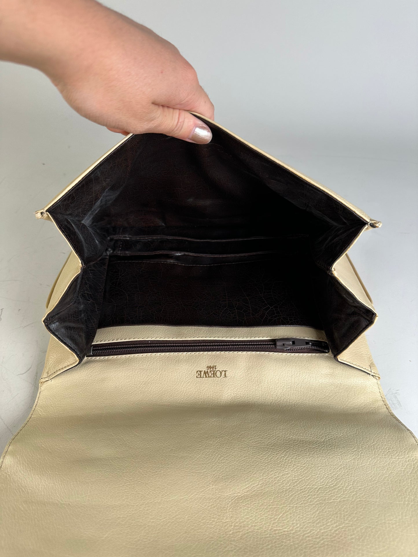 Vintage Loewe Leather Shoulder Bag Cream Gold-tone