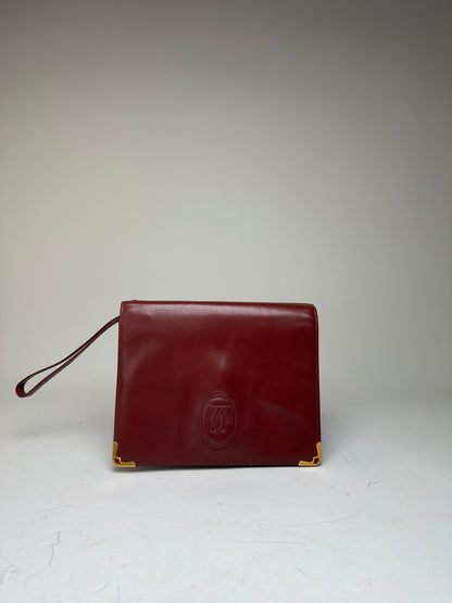 Vintage Cartier Leather Clutch Bag Burgundy Gold-tone