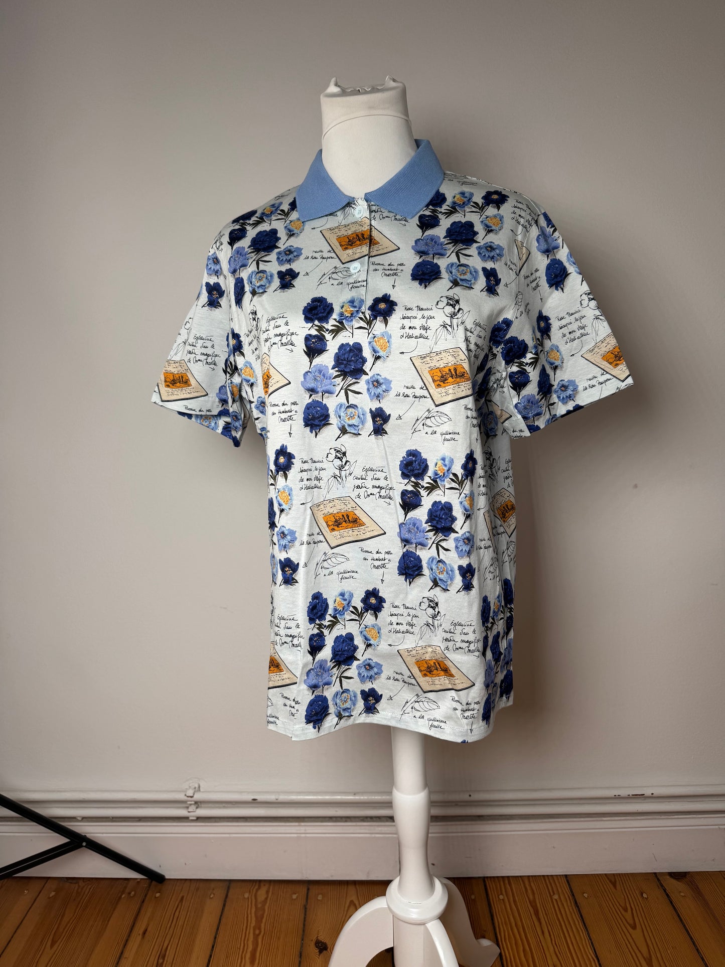 Vintage Dior Cotton Polo Shirt Floral Blue White L