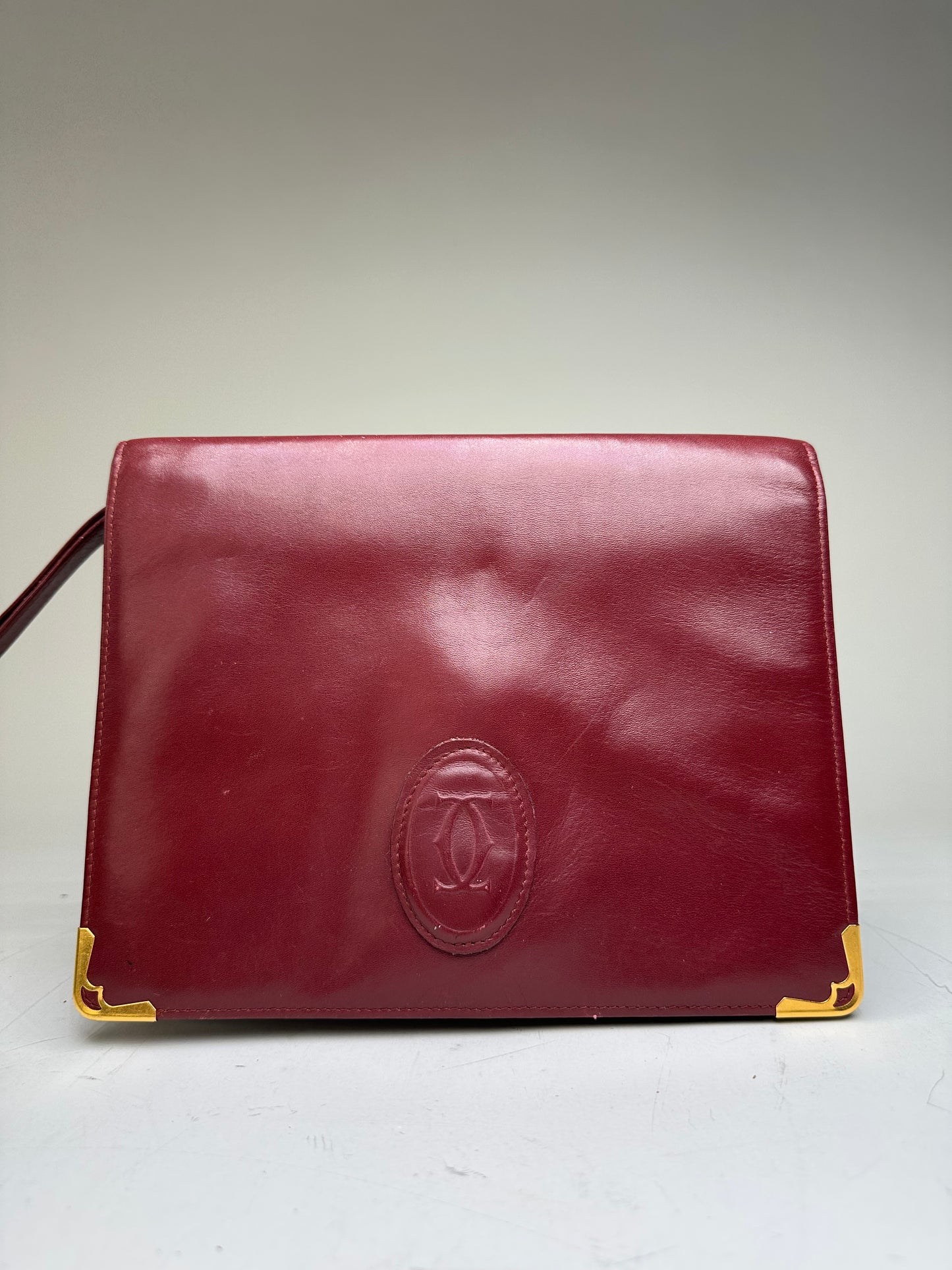 Vintage Cartier Leather Clutch Bag Burgundy Gold-tone