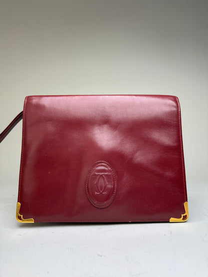 Vintage Cartier Leather Clutch Bag Burgundy Gold-tone