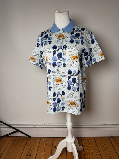Vintage Dior Cotton Polo Shirt Floral Blue White L