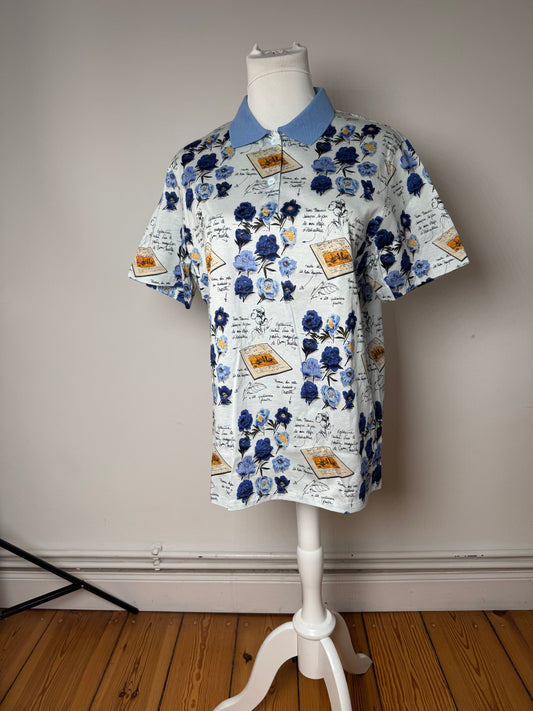 Vintage Dior Cotton Polo Shirt Floral Blue White L
