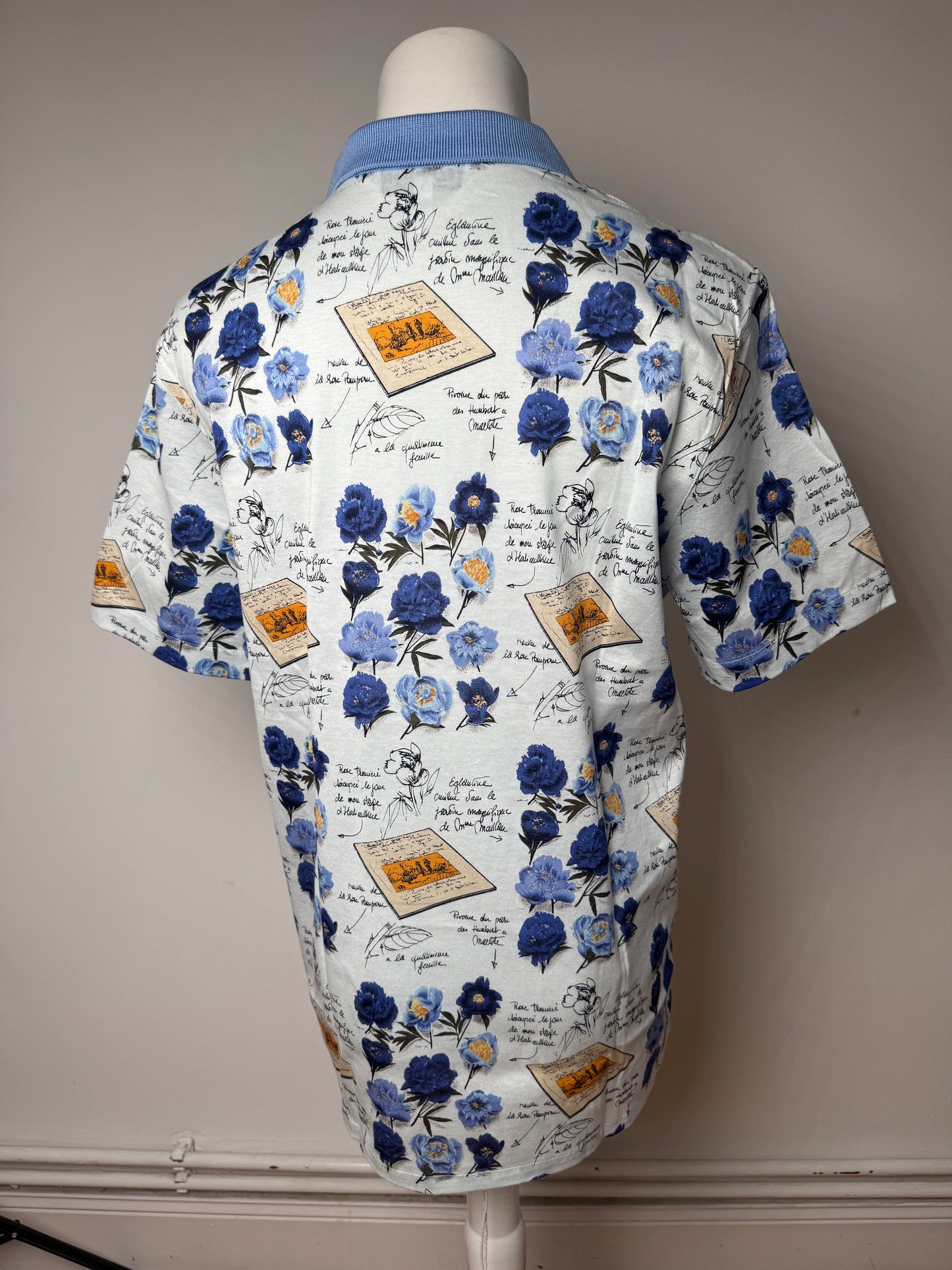 Vintage Dior Cotton Polo Shirt Floral Blue White L