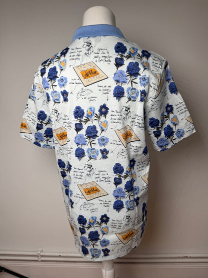 Vintage Dior Cotton Polo Shirt Floral Blue White L