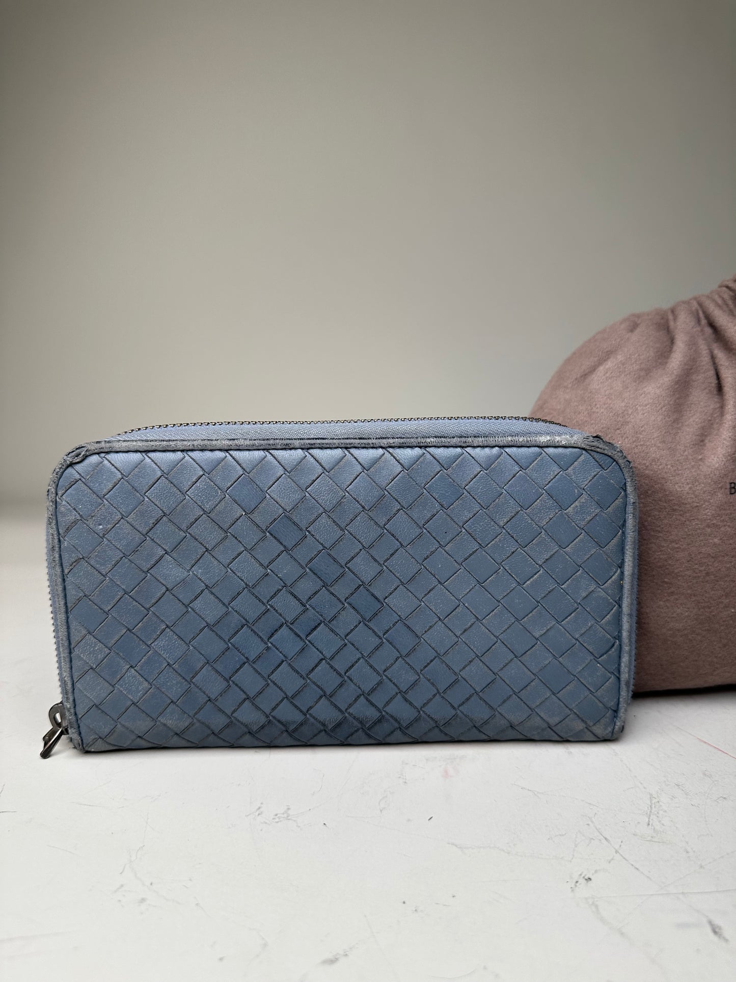 Vintage Bottega Veneta Woven Leather Zip Wallet Blue Silver