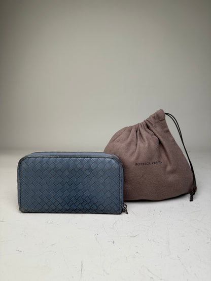 Vintage Bottega Veneta Woven Leather Zip Wallet Blue Silver