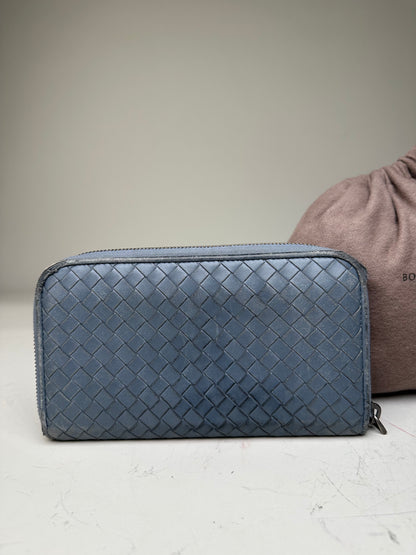 Vintage Bottega Veneta Woven Leather Zip Wallet Blue Silver