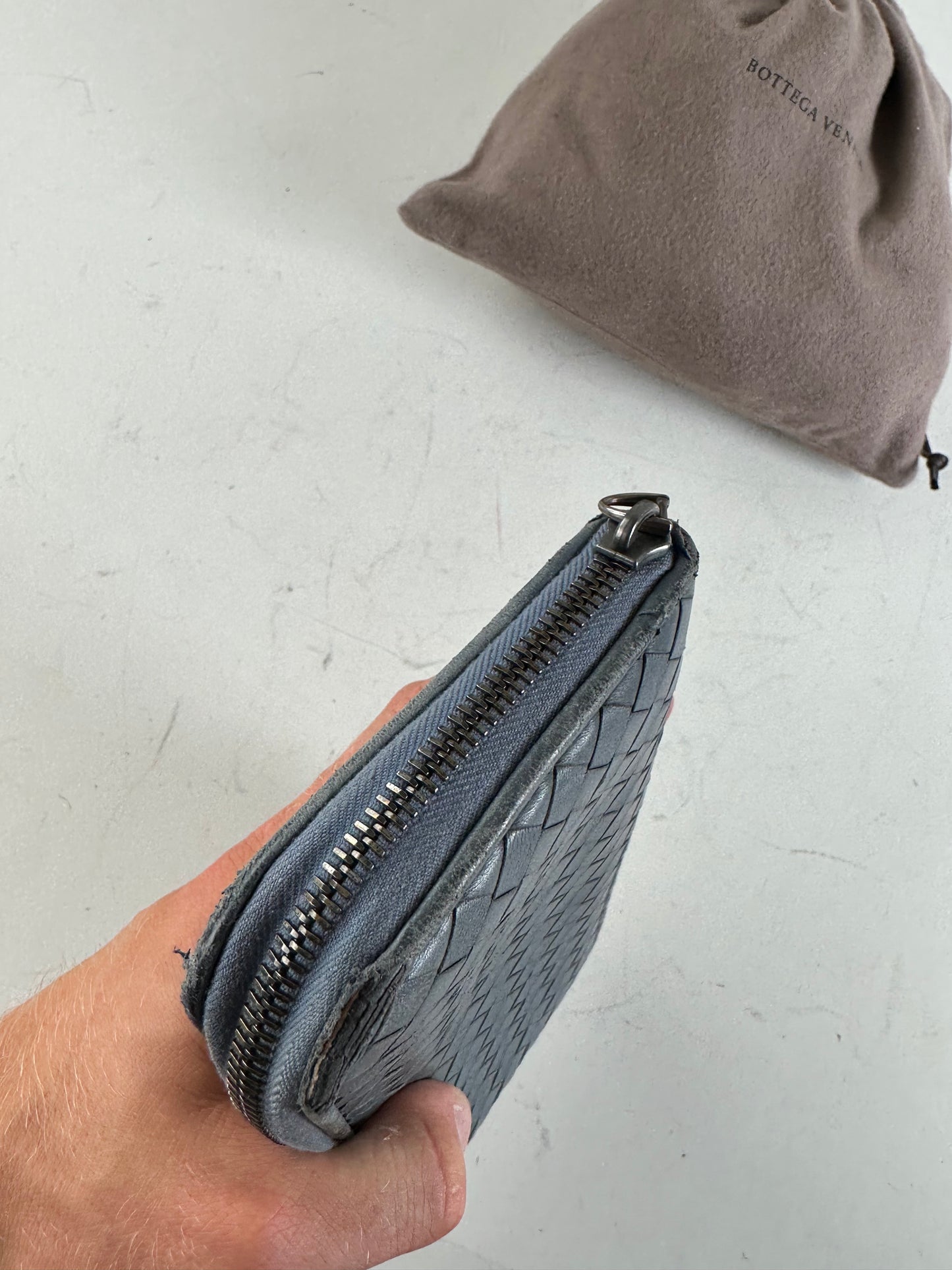 Vintage Bottega Veneta Woven Leather Zip Wallet Blue Silver