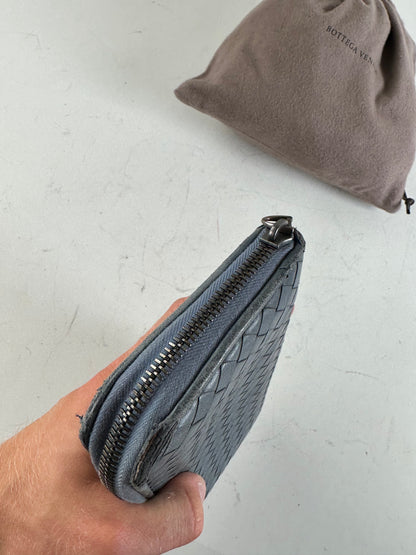 Vintage Bottega Veneta Woven Leather Zip Wallet Blue Silver